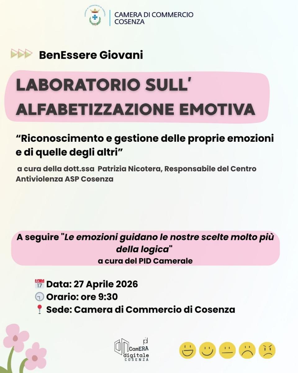Locandina laboratorio 3 sulla gestione delle emozioni con la responsabile del Centro Antiviolenza ASP Cosenza, Dottoressa Patrizia Nicotera.