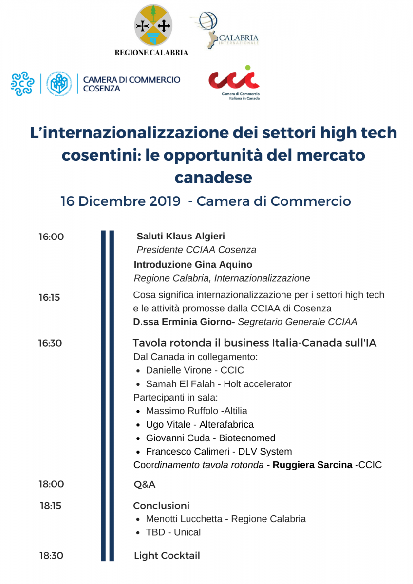 Locandina 16 dicembre 2019 presso Camera di Commercio Cosenza