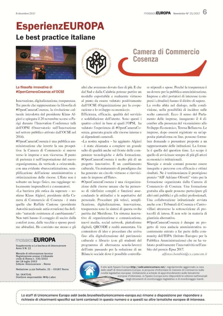 Mosaico Europa n. 21/2017 - Estratto pagina 6 - OpenCameraCosenza all'OCSE