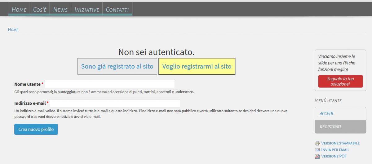 Form di registrazione sul sito Forum PA Challenge