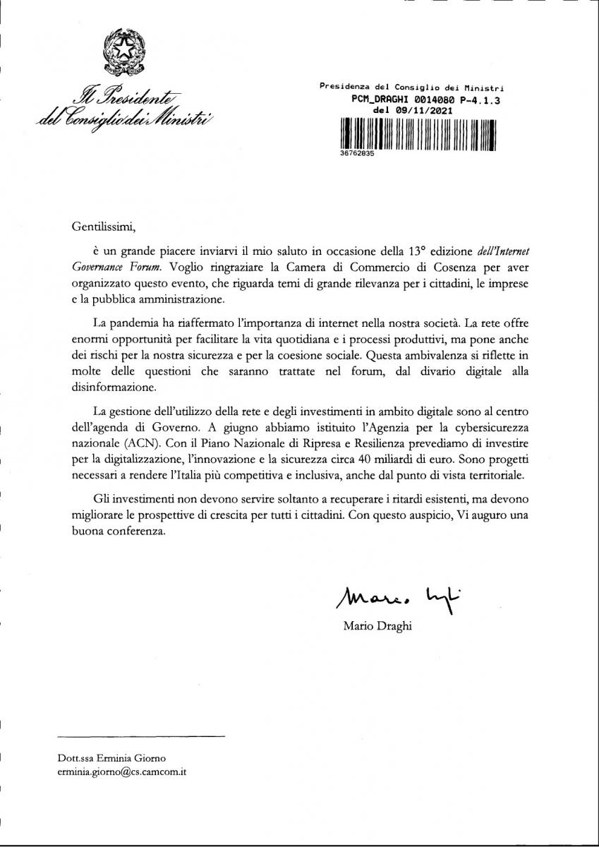 Lettera del Presidente del Consiglio dei Ministri Mario Draghi alla Camera di Commercio di Cosenza